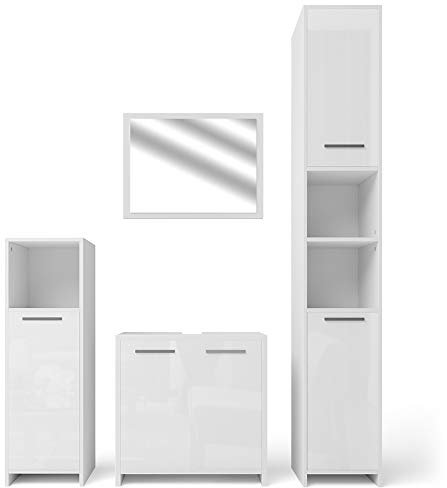 Vicco Badmöbel-Set Weiß Hochglanz/Weiß Kiko, bestehend aus Badspiegelschrank, Waschbeckenunterschrank, Midischrank, Hochschrank - Platz für Pflege- und Badutensilien