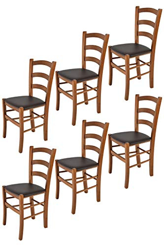 Tommychairs - 6er Set Stühle VENICE für Küche und Esszimmer, Struktur aus lackiertem Buchenholz im Farbton helles Nussbraun und gepolsterte Sitzfläche mit Kunstleder in der Farbe Mokka bezogen
