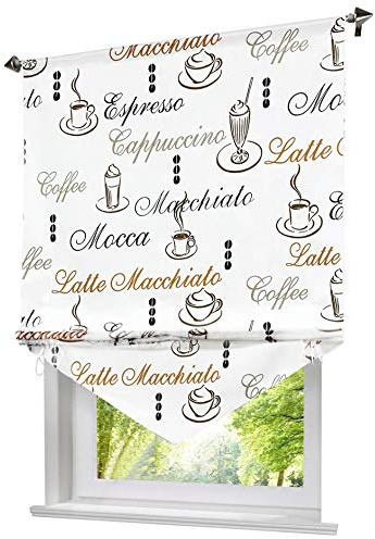 1 Stück Blickdicht Raffrollo mit Kaffee Tasse Muster Raffgardine Vorhang Deko für Haus (BxH 100x140cm, Kaffee)
