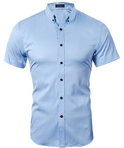 Kuson Homme Chemise sans Repassage Couleur Unie à Manches Courtes Respirant Bleu Clair XXL