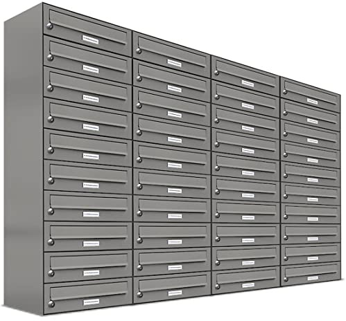 AL Briefkastensysteme 40er Briefkastenanlage Aluminiumgrau RAL 9007, Premium Briefkasten DIN A4, 40 Fach Postkasten modern Aufputz