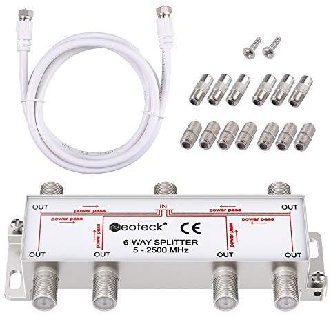 Neoteck 6 Way Satellite TV Aerial Splitter Kit - F Connector Male to Female with 1.5m Coax Cable