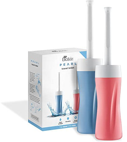 Bio Bidet | Pearl Handheld Personal Travel Bidet Portable, On-The-Go, Extra Peri Bottle for Postpartum Feminine Care and Perineal Recovery-2 Pack, Aqua & Rose, Aqua+Rose