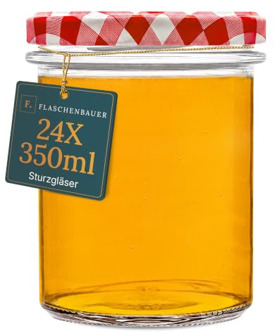 Flaschenbauer - 24x Sturzgläser 350ml - Einmachgläser mit Deckel TO82, Marmeladengläser, Schraubgläser, Joghurtgläser, Sturzgläser zur Aufbewahrung, Twist-Off-Deckel - Made in Germany (Rot-kariert)