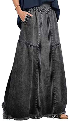ebossy Women's Casual Elastic Waist Frayed Hem A-Line Distressed Hippie Long Maxi Denim Skirt - Grey - Large