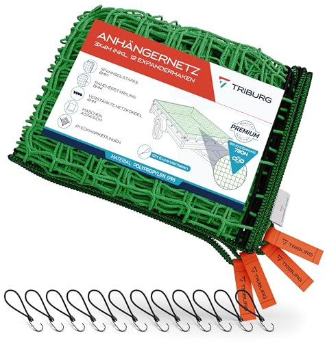 Anhängernetz 3x4 [DEKRA Geprüft] inkl. 12x Expander Haken - Anhänger Netz mit Eckmarkierungen und Randverstärkung inkl. 12x Gummispanner mit Haken