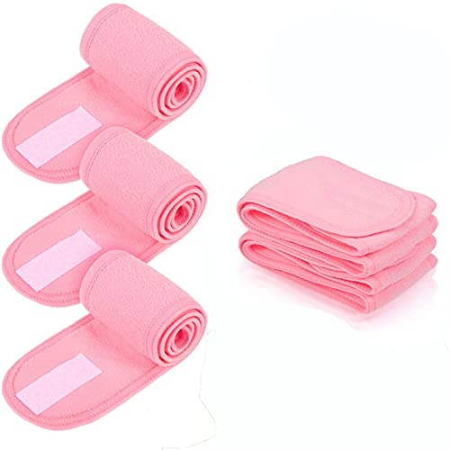 Spa Gesichts-Stirnband Make Up Wrap Haarband Verstellbares Handtuch Gesicht Waschen Frottee Stirnbänder zum Waschen Gesicht Bad Hautpflege Sport Yoga Dusche 4 Stück - Pink