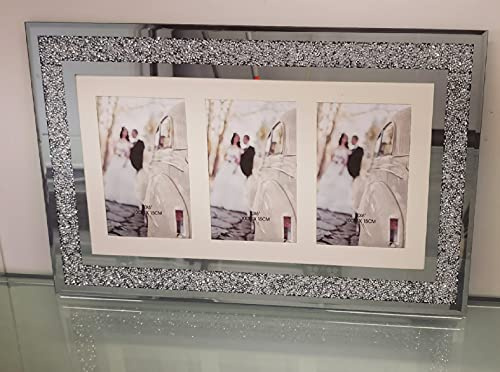 Silver Diamante Crushed Crystal Photo Frame Multi Aperture Picture Photo Frame For 3 Photos 4x6 inch Photo (48cmx29cm)