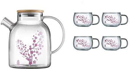 Jus Carafe d'eau Bouilloire à eau froide en verre sertie de tasse de thé à la chaleur de la chaleur de la gobelette Tasse transparente Tapis de théière rose Poignée confortable Thé Cruche