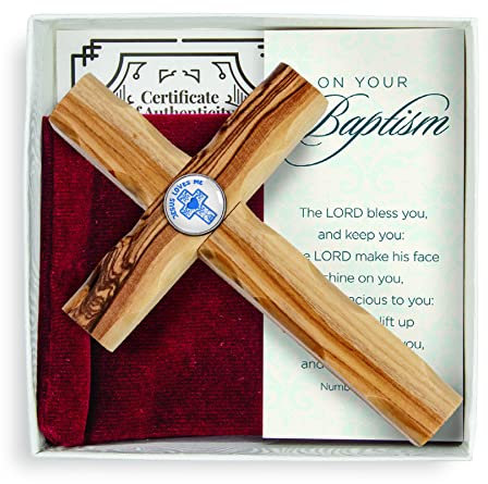 Taufkreuz für Jungen, Geschenk-Set mit Echtheitszertifikat, Gebetskarte und Samtbeutel, katholisches und christliches Olivenholz aus Israel