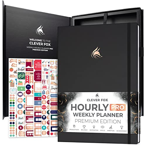 Clever Fox Stundenplaner PRO Premium – undatierter Terminplaner mit täglichen Zeitschlitzen – persönliches Organizer-Notizbuch für Zeitmanagement – Wochen- und Monatstagebuch, A4-Größe (schwarz)
