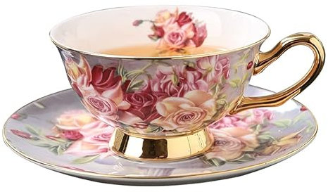 DECRZPB Set di tazze da tè e piattino in ceramica con rose rosa e rosse Set di tazze da caffè e piattino in ceramica con rose rosa e rosse, piatto per tazza d