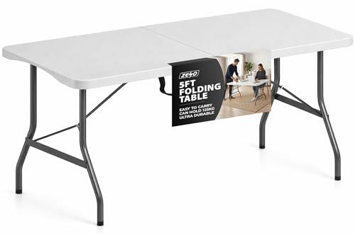 ZENO Folding Table 5FT | Heavy Duty Foldable Table | Portable and Durable Aluminium Frame | Perfect for Camping Catering Picnic Garden Patio BBQ Party | Trestle | White Fold Up Plastic Top