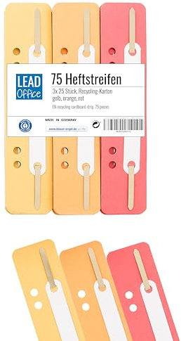 75 Heftstreifen - Pappe, Recycling-Karton, 3 Bündel á 25 Stück - MADE IN GERMANY, Blauer Engel zertifiziert (gelb, orange, rot)