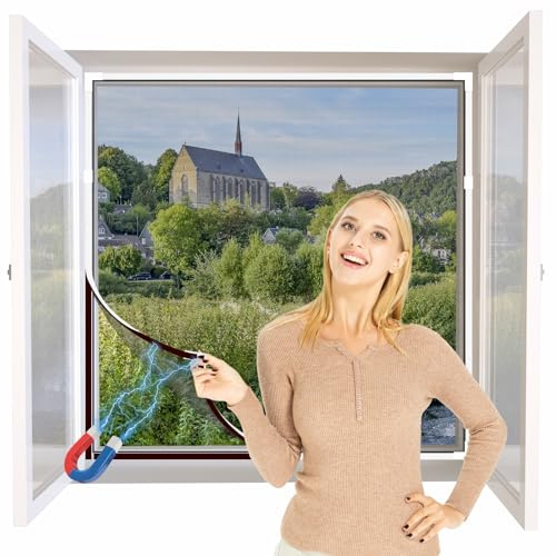 NeatiEase DIY Insektenschutz Magnetfenster,Max 100 x 130 CM,Magnet Rahmen für Fliegengitter Fenster Mückengitter,Fliegenschutz Insektenschutzgewebe Zuschneidbar(weiß Rahmen Schwarz Netz)