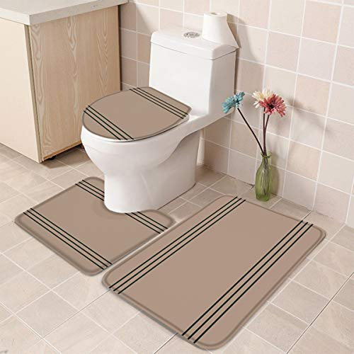Set 3 Teilig Badvorleger Retro Braune Dunkelgrüne Streifen Langlebige Bade-Matte+Kontur+Wc-Deckelabdeckung Anti-Rutsch U-Förmigen Contour Matte Für Badezimmer Dusche Wohnzimmer
