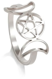 EUEAVAN Anello della Dea della Tripla Luna per le donne Pentagramma Stella Mezzaluna Amuleto Religione Wicca Gioielli Regalo Pagano