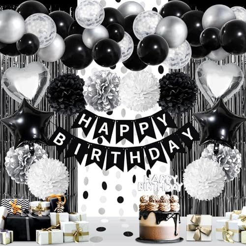 ZERODECO Schwarz Weiß Geburtstag Party Dekoration, Happy Birthday Banner mit Tissue Papier Pom Poms Blume Ballon für Geburtstag Party Dekorationen