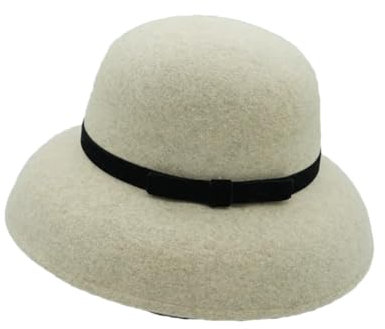 Damen-Glockenhut aus Wolle, breite Krempe, Filz, Bowler-Hut, Kirche, Hochzeitskleid, Fascinator, Beige 01, Einheitsgröße