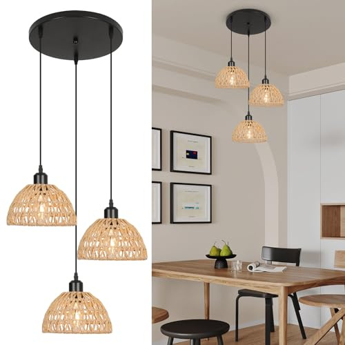 FORCOSO Rattan Pendelleuchte Esstisch 3 Flammig - Vintage Hängelampe Boho