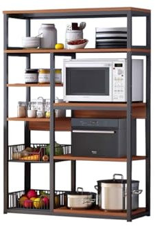 Estantería de Cocina, Estantería para Microondas, Mueble Auxiliar de Cocina de Niveles, Estante Abierto de Pie 2 Mallas metálicas y múltiples Estantes, 80x30x142 cm, Madera, Marrón Rustico