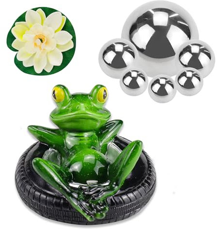 Fosoloni Miniteich Deko Set Schwimmfrosch mit 6 Dekokugel Schwimmkugeln Silber und 2 STK Lotusblüte für Miniteich Terrassenteich Zinkwannen Solarbrunnen Garten Balkon Teiche Deko