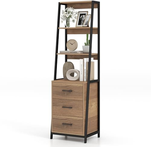 HOMASIS Bücherregal mit 4 Ebenen & 3 Schubladen, Standregal Holz & Metall, Vintage Regal Industrie-Stil, Aufbewahrungsregal Leiterregal Organizer für Wohnzimmer Büro Küche, 51x40x175cm (Natur)