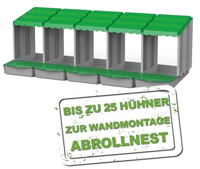 MeineHennen 5er Legenest/Abrollnest für Hühner (bis 25 Hühner) | Robuster Kunststoff | Saubere Eier durch Abrollsystem | Wandmontage & Modular | Grau/Grün, 139,7 x 51,5 x 46,5 cm