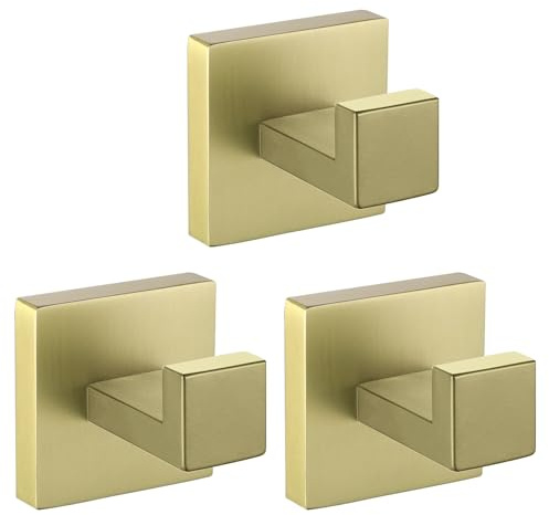 LANC Crochet de quincaillerie de salle de bain Patère en or brossé Porte-serviettes carré robuste Salle de bain Cuisine Garage Crochet mural SUS 304 Acier inoxydable mural 3-Pack, A8805BG-P3