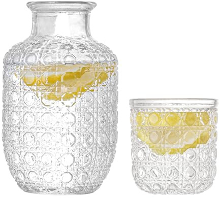 Kitchenexus Bedside Water Carafe and Glass Set, 20oz Pitcher and 5.4oz Cup, Glass Jug with Tumbler for Bedroom or Kitchen, Diamond Pattern