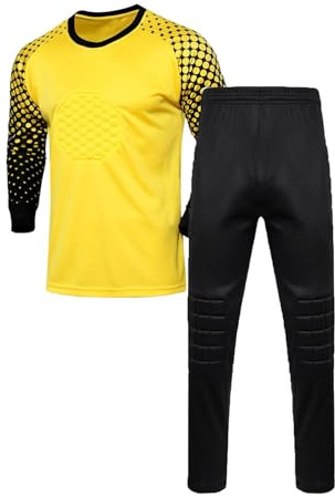 ZUYPSK Ensemble maillot de gardien de but de football pour garçon - Maillot de sport et pantalon de sport rembourré à manches longues - Équipement de protection, jaune, 152