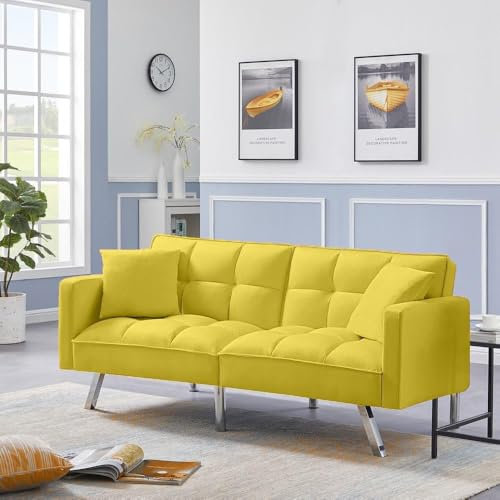KOSY KOALA Sofa Bed 2 Seater Yellow Velvet Click Clack Sofa Settee Recliner Couch with Metal Legs with 2 Pillows