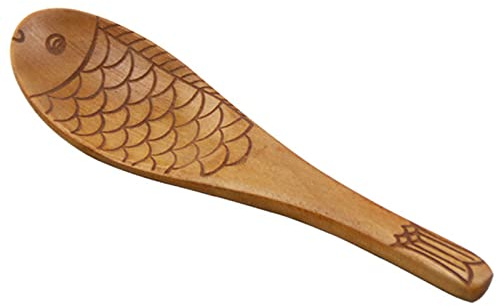 Japanese Fish Shaped Wood Spoon Hand Carved Texture for Soup Rice Paddle Kitchen Utensil Dinnerware