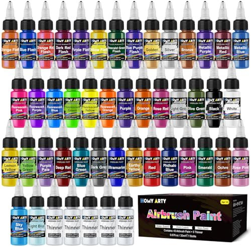 HOMY ARTY Airbrush Paint - 43 Colors with 5 Thinner, Ready to Spray Airbrush Paint Set, Water-Based Acrylic Air brush Paints for Metal, Plastic Models, Canvas, Wood - 48 Bottles