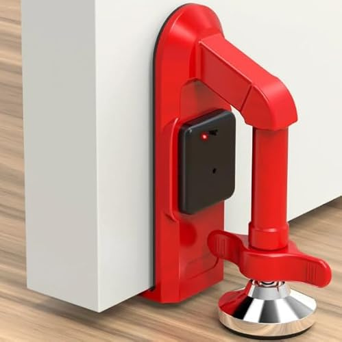 Security Door Stoppers, Portable Door Lock, Travel Anti Theft Door Blocker, Hotel Room Apartment Safety, No Drill Garage Door Brace Devices for Women, Children, Include Alarm Device (Red)