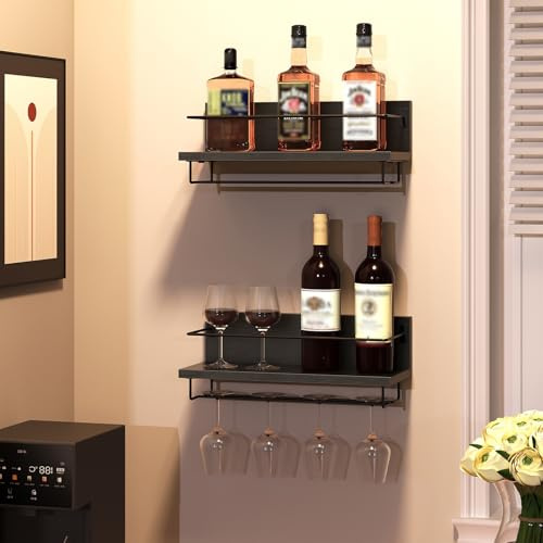 HOOBRO Wall Mounted Wine Rack, Wine Glass Rack Set of 2, Wine Shelf Hanging Floating Shelves, Wine Bottle Glass Rack Stemware Holder, for Living Room, Kitchen, Black EBK28BJ01