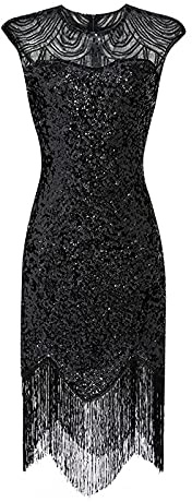 Karneval Fransenkleid Damen, Glitzerkleid Damen, FaschingsKostüme Damen Flapper Kleid 20er Jahre Tanzkleid Lang Slim Paillettenkleid Sexy Partykleid Elegant Abendkleid Ballkleider Pailletten Damen
