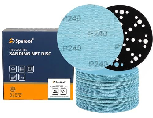SpeTool 30 unidades de rejilla de lijado de 150 mm, con velcro, discos abrasivos, grano 240, sin polvo, con velcro, papel de lija para madera, yeso, metal, resina epoxi