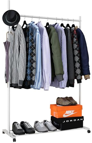 Klass Home Collection Portable Heavy Duty Clothes Rail For Bedroom, Home & Shops, 50KG Load Clothes Rack With Storage Shelf, Metal Clothing Rail For Hanging Garments, Coats (White With Wheels)