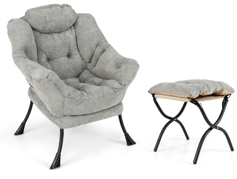 HOMASIS Fauteuil de relaxation rembourré, avec accoudoirs et oreiller, fauteuil de lecture, avec poche latérale, fauteuil TV en tissu et métal, pour salon, chambre à coucher (modèle 3 avec tabouret,
