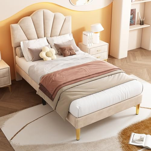 buiesjole Samt, Polsterbett, 90 * 200 cm, muschelartiges Bett mit goldenen Eisenbeinen, höhenverstellbares Kopfteil, Holzlattenrost, Beige