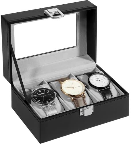 Uten Watch Box 3 Slots, Watch Case with Glass Lid, Metal Clasp, Watch Display Storage Box for Men and Women, Black Synthetic Leather, Grey Velvet Lining, Removable Pillows, Gift Idea