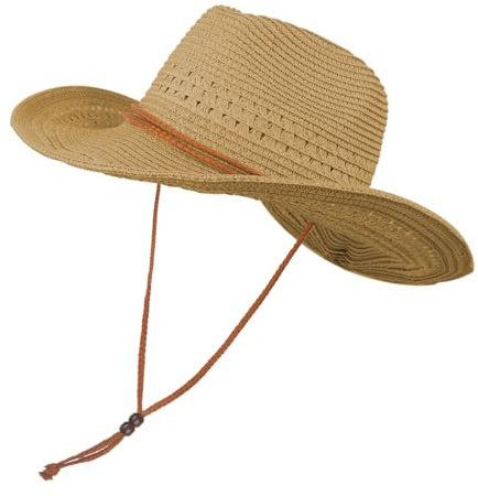 TINAYAUE Unisex Western Cowboy Hat Breathable Cowgirl Straw Hats for Men Women Fedora Hat Panama Travel Cap Fishing Hiking Beach Party Windproof Sun Visor (UK, Alpha, One Size, Khaki)