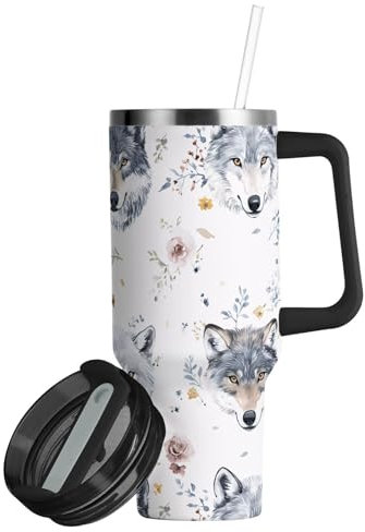 linqin Aesthetic Cute Wolfs - Vaso aislado a prueba de fugas y pajita, botella de agua grande de 30 onzas, taza de boca ancha para el hogar, la oficina o el coche