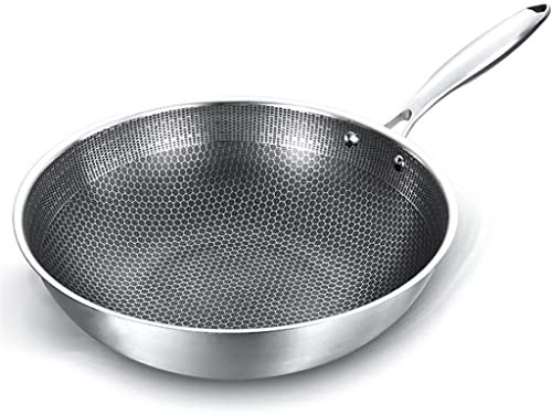 ASerZenith Wok Sin Revestimiento, Sartén Antiadherente, Acero Inoxidable, Diseño De Panal, Calentamiento Uniforme, para Cocinas Eléctricas, De Inducción Y De Gas.