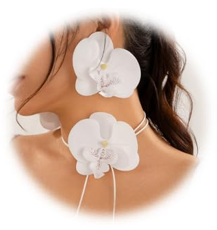 Orkidé smyckesset, 9 cm Phalaenopsis blommor, halsband och örhängen, 140 cm kedjelängd, modetillbehör för formella evenemang, 37.5 Centimeters, TYg, inga ädelstenar