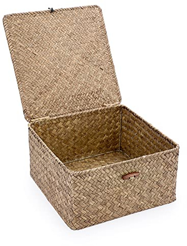 OLegei Panier de rangement carré en osier avec couvercle, L, café | Panier d'étagère fait main, Boîte de rangement, Organisateur de table, Pour comptoir, bureau, 27x27x14cm