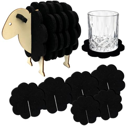 WangsLICHT Wollschaf Filz-Coaster Set - 6 Puzzle Untersetzer mit Holzständer & nachhaltigem Geschenkbox, Lustige Tischdeko für Ostern - Mitbringsel (Schwarz)