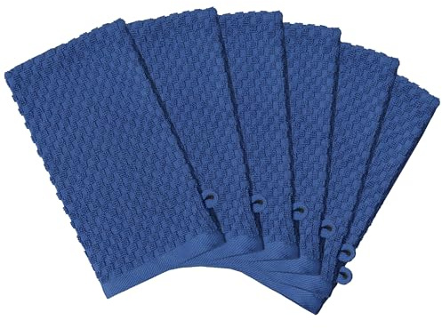 COTTON CRAFT Bath Mitt - Exfoliating Glove - Set of 6 Euro Spa Waffle Weave Towel Mitts - 100% Cotton Body Shower Glove Washcloth with Hanging Loop - Sensitive Skin Friendly - Large 5.5x10 - Blue