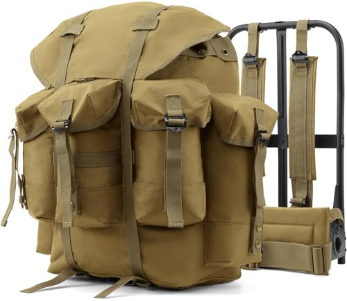 AUMENTAR 50L Military Alice Pack Army Survival Combat ALICE Rucksack Backpack for Men & Women for Camping, Hiking, Emergency Khaki